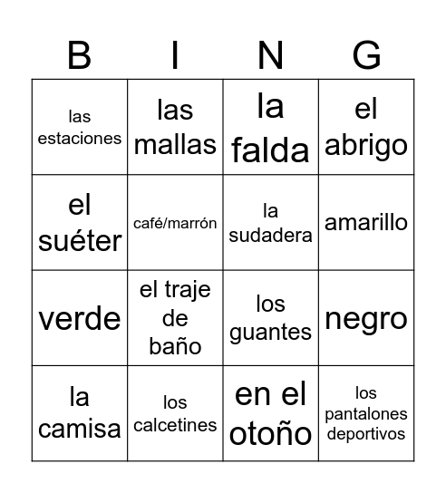 La Ropa Bingo Card