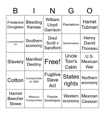 Causes of the Civil War Bingo Card