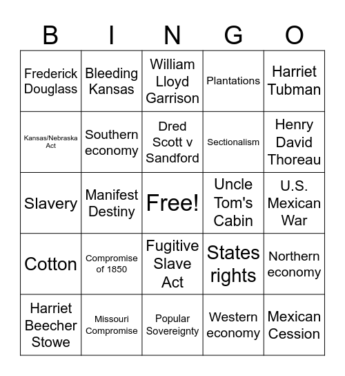 Causes of the Civil War Bingo Card