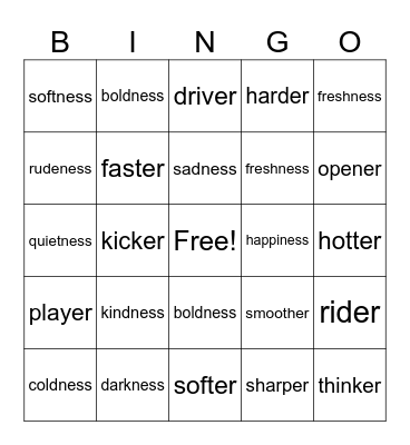Suffixes -ness, -er Bingo Card