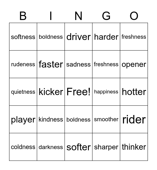 Suffixes -ness, -er Bingo Card