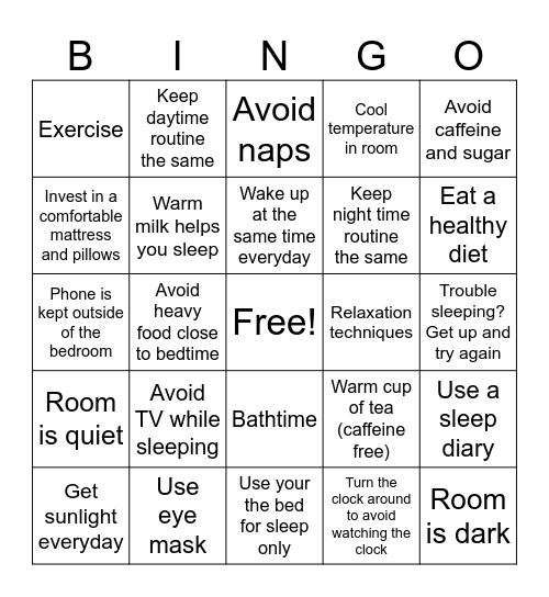 Good Sleep Hygiene Bingo Card