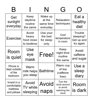 Good Sleep Hygiene Bingo Card