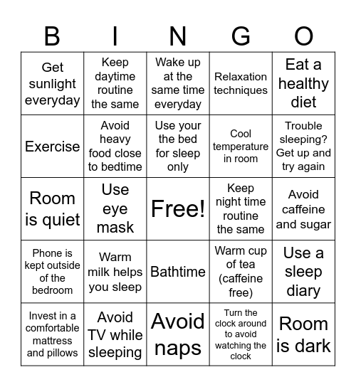 Good Sleep Hygiene Bingo Card