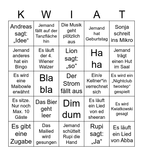 Kwiat Bingo Card