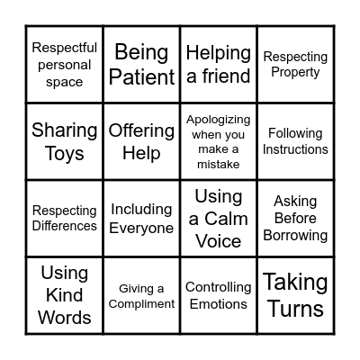 Respectful Actions Bingo Card