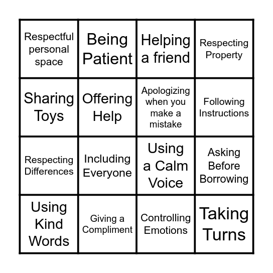 Respectful Actions Bingo Card