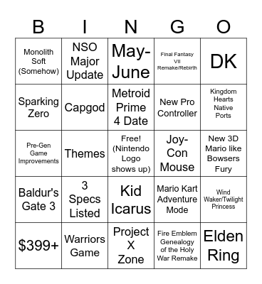 Nintendo Switch 2 Direct Bingo Card
