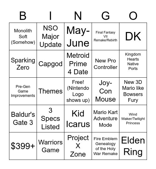 Nintendo Switch 2 Direct Bingo Card