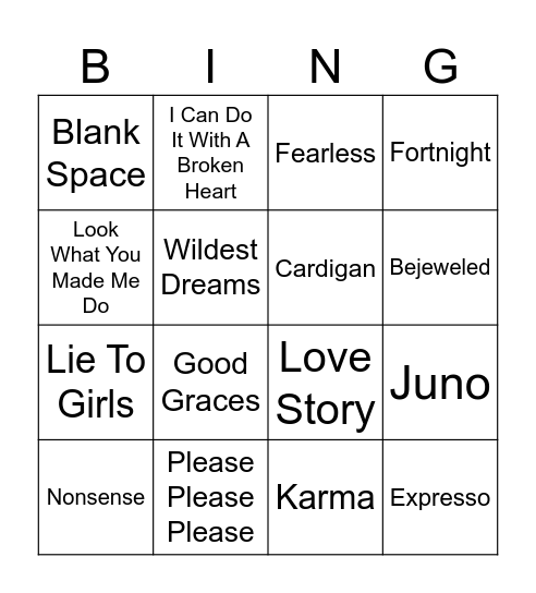 Taylor Swift VS Sabrina Carpenter Bingo Card
