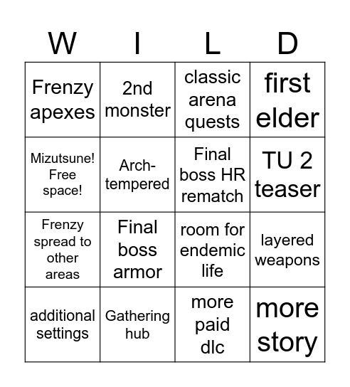MH Wilds TU 1 Bingo Card