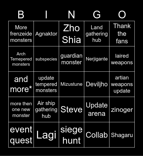Monster Hunter Free Title update #1 Bingo Card