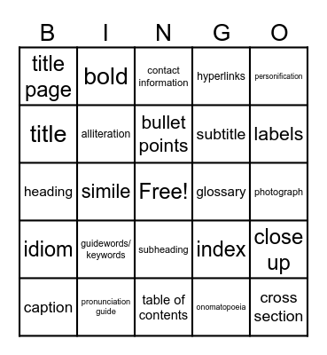 Figurative Language and Text Features Bingo Card