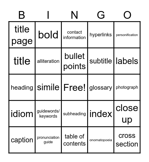 Figurative Language and Text Features Bingo Card