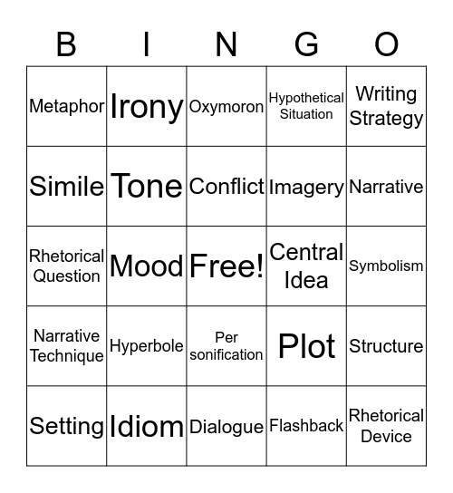 Figurative Language + Other Lit. Terms Bingo Card