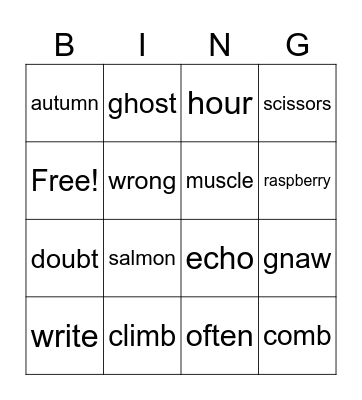 silent letter words Bingo Card