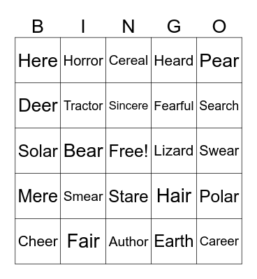 /ear/ /air/ /er/ Sound Bingo Card
