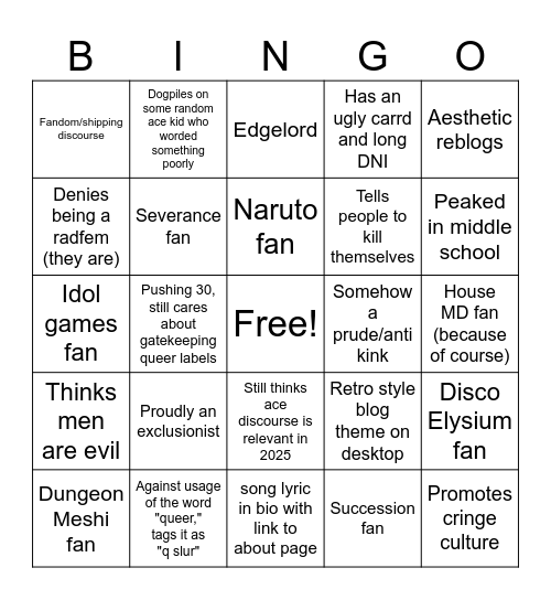Tumblr Aphobe Bingo Card