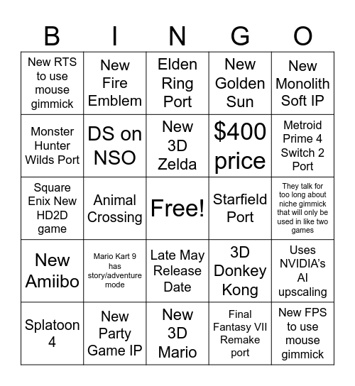 Switch 2 Direct Bingo Card