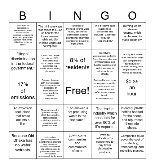 Environmental Justice Bingo Card