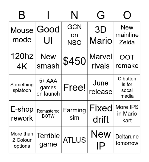 Switch 2 Direct Bingo Card