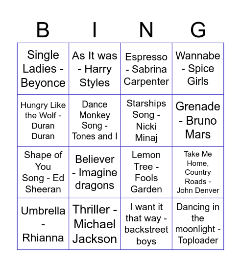 LS & DE Music Bingo Card