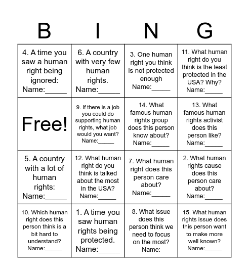 Human Rights Bingo Card