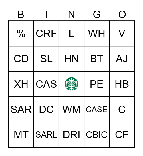 Starbucks Code Bingo Card
