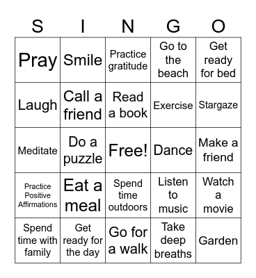 SINGO! Self-Care Edition Bingo Card