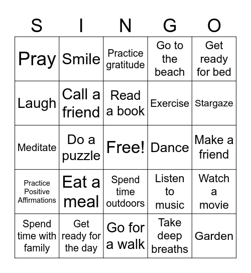 SINGO! Self-Care Edition Bingo Card