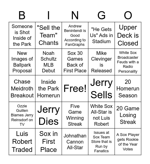 2025 White Sox Bingo Card