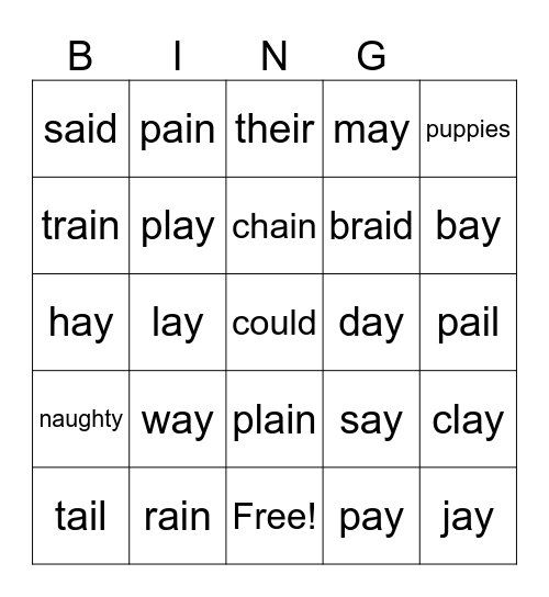 sight words Bingo Card