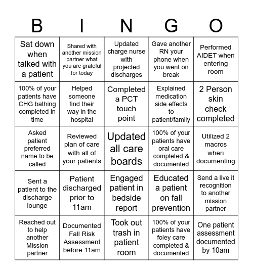 Nurse Bingo Day Shift Bingo Card