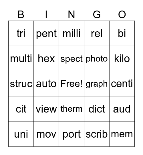 Greek / Latin Roots Bingo Card