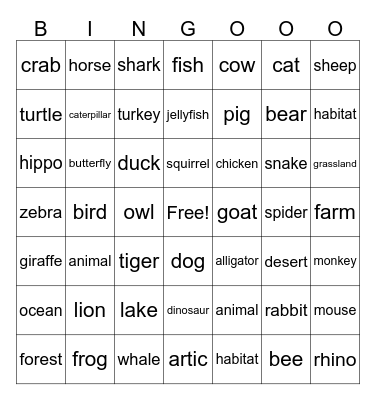 Animals & Habitats Bingo Card