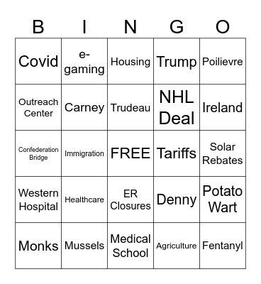 PEI Legislature Bingo Card