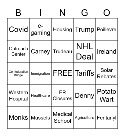 PEI Legislature Bingo Card