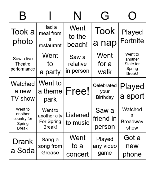 Return from Spring Break Bingo Card