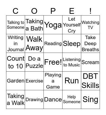 Coping Skills Bingo Card