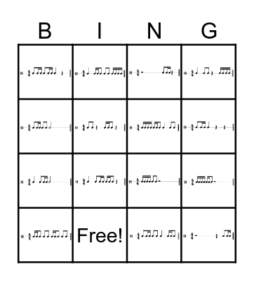 16th Note Rhythm Bingo Card