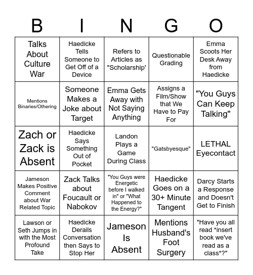 Haedicke Bingo Card