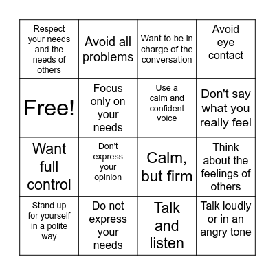 Passive, Assertive, or Aggressive Bingo Card