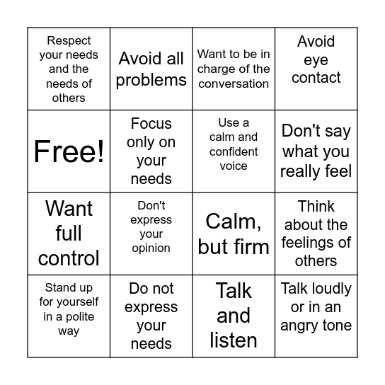 Passive, Assertive, or Aggressive Bingo Card