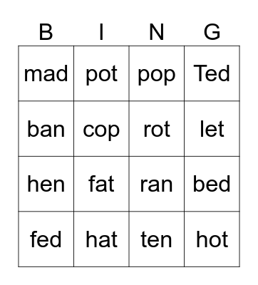 Short /a/, /e/, and /o/ Bingo Card