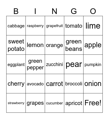 Fruits et légumes Bingo Card