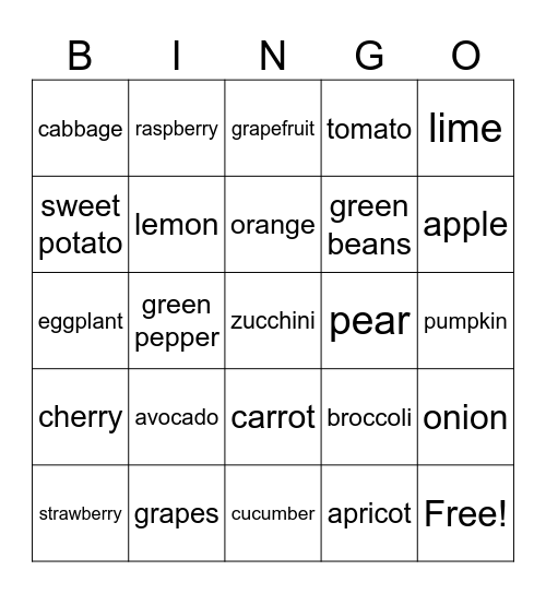 Fruits et légumes Bingo Card