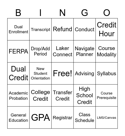 College Bingo! Bingo Card