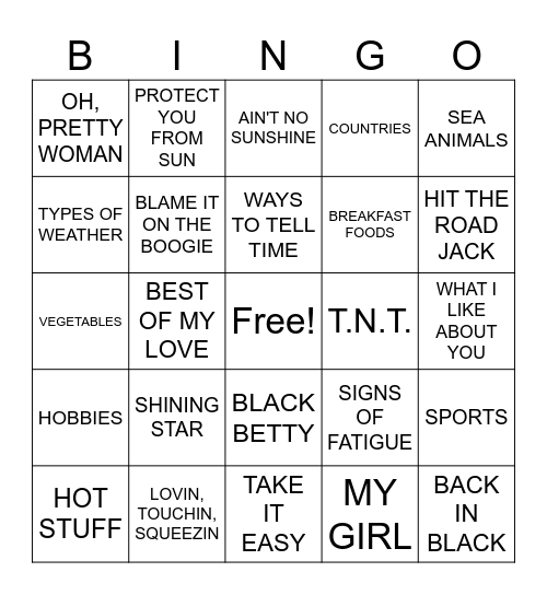 MUSIC/CATEGORY BINGO Card