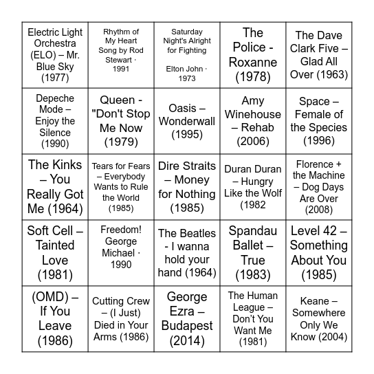 HITS FROM THE U.K Bingo Card