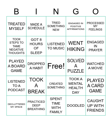 Self Care Bingo Card